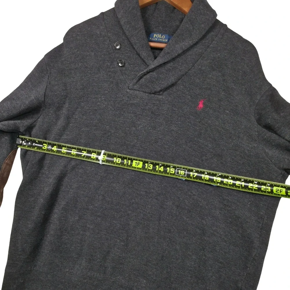 Polo Ralph Lauren Shawl Collar Sweater Mens XL Charcoal Grey Suede Elbow Patches